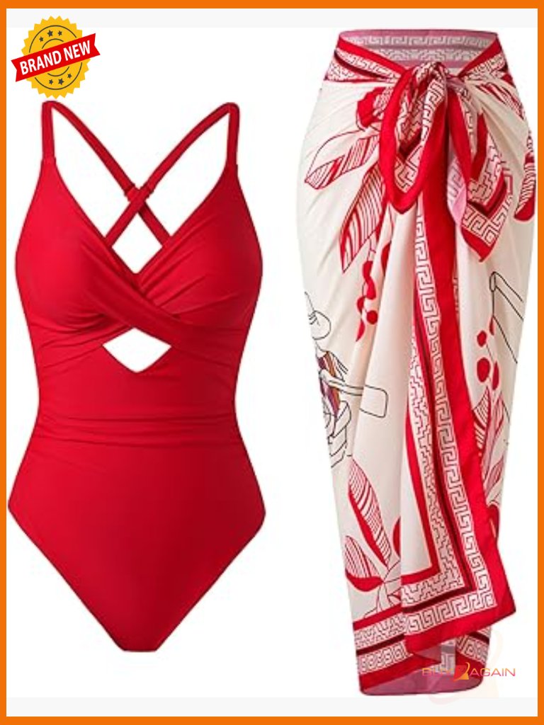 One Piece Swimsuit With Wrap Skirt Set Tummy Control Retro